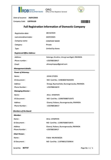 Rwanda full registration information of domestic company Word and PDF template