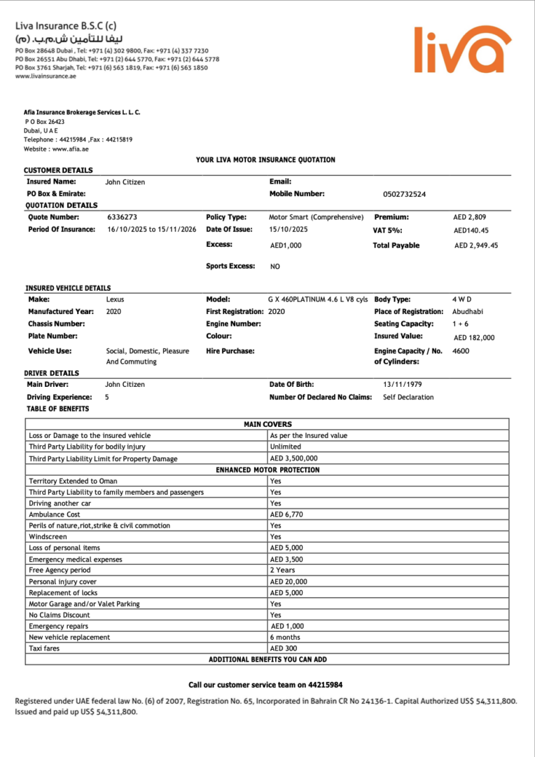 Saudi Arabia Liva Insurance motor insurance quotation Word and PDF template