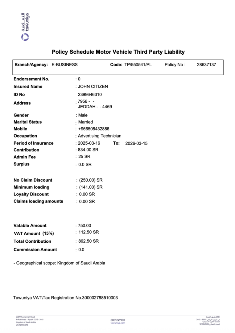 Saudi Arabia Tawuniya Insurance policy schedule motor vehicle third party liability Word and PDF template