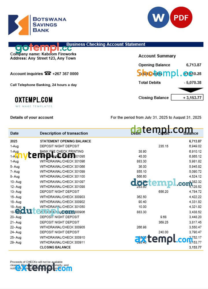 Savings Bank enterprise statement Word and PDF format
