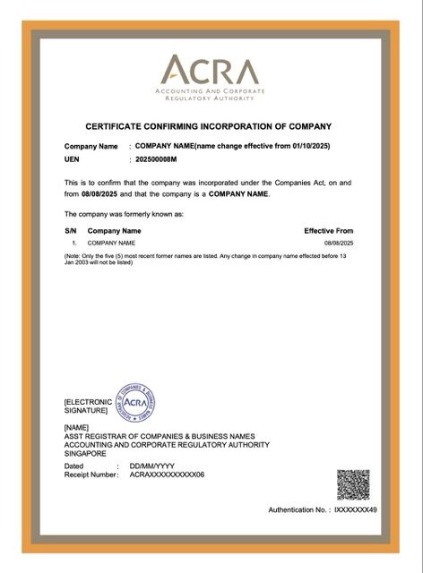 Singapore certificate confirming incorporation of company Word and PDF template