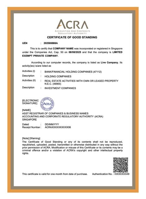 Singapore certificate of good standing Word and PDF template, version 2