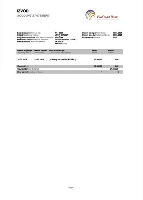 Slovenia ProCredit bank account statement Word and PDF template