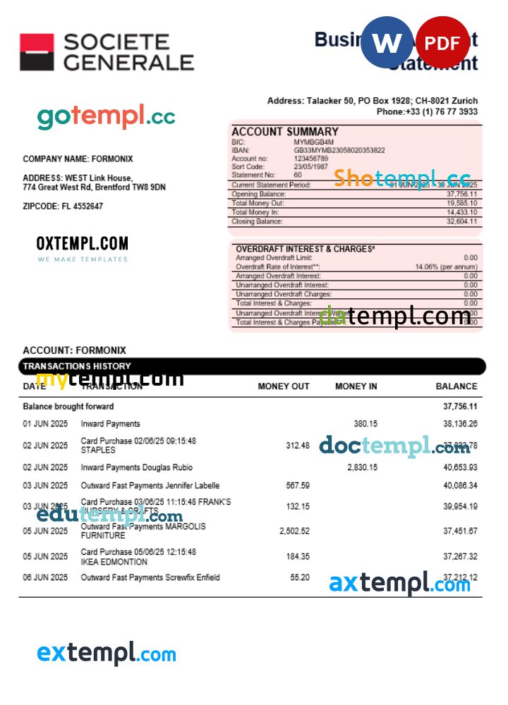 Société Générale business account statement Word and PDF template