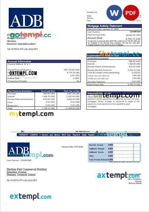 Solomon Islands ADB bank mortgage statement in Word and PDF formats