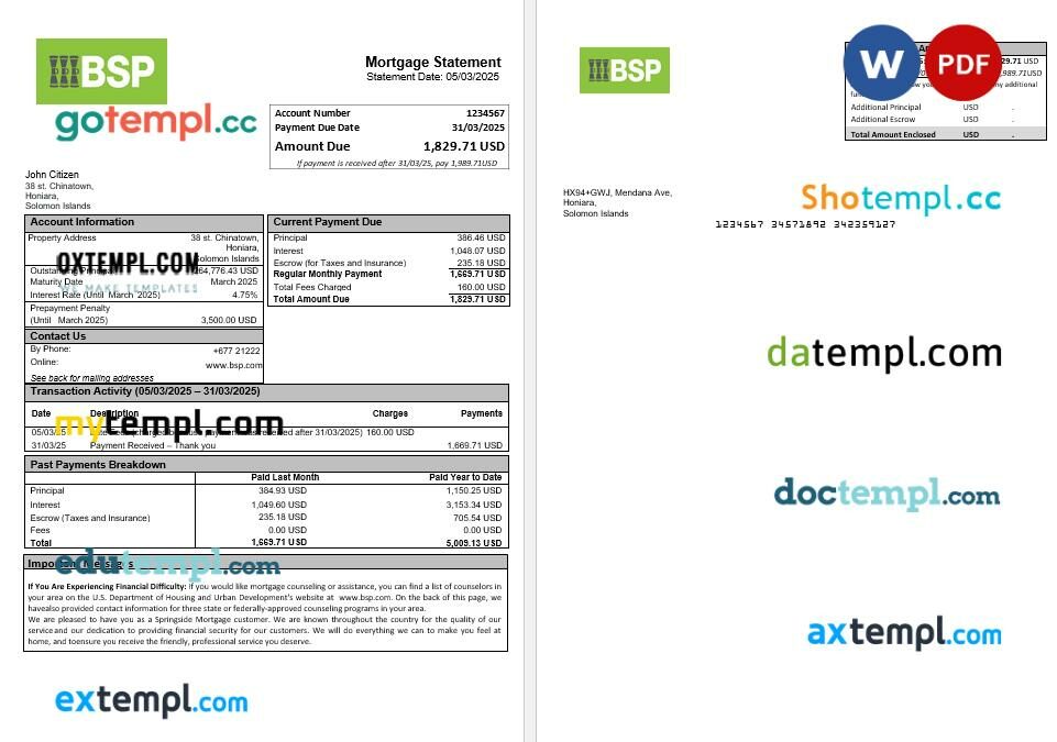 Solomon Islands BSP bank mortgage statement in Word and PDF formats
