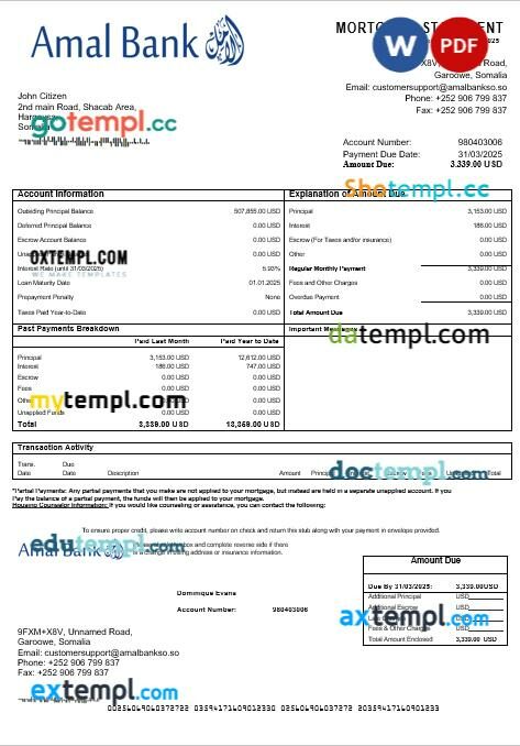 Somalia Amal bank mortgage statement in Word and PDF formats