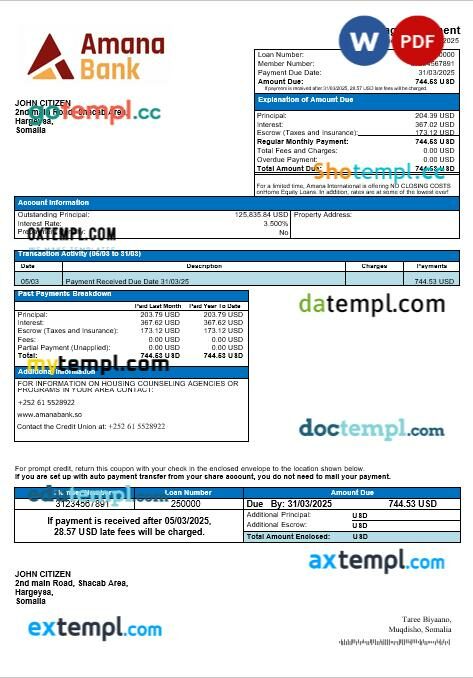 Somalia Amana bank mortgage statement in Word and PDF formats