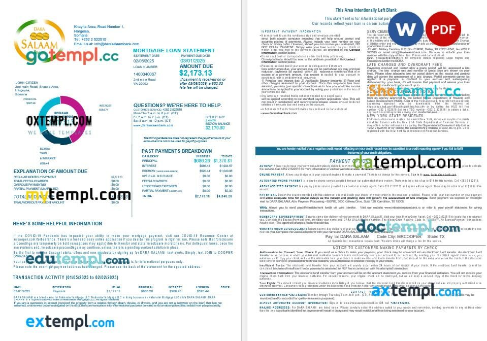 Somalia Dara Salaam bank mortgage statement in Word and PDF formats