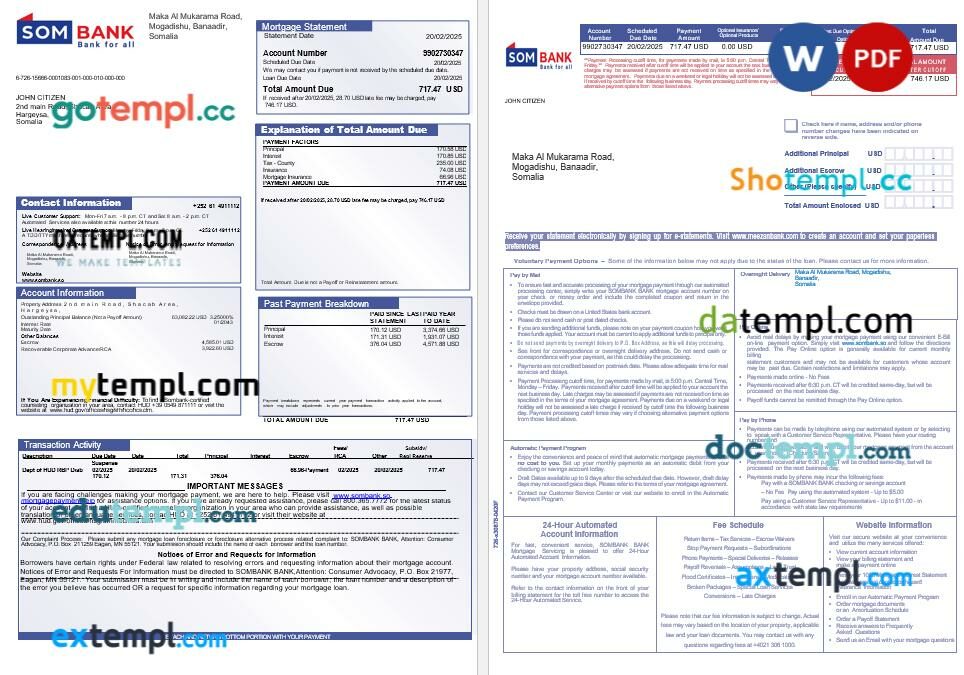 Somalia Sombank mortgage statement in Word and PDF formats