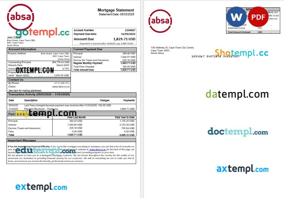 South Africa ABSA bank mortgage statement in Word and PDF formats