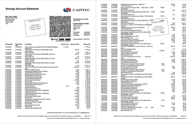 South Africa Capitec Bank account statement Word and PDF template, 2 pages