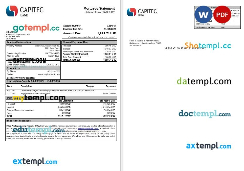 South Africa Capitec bank mortgage statement in Word and PDF formats