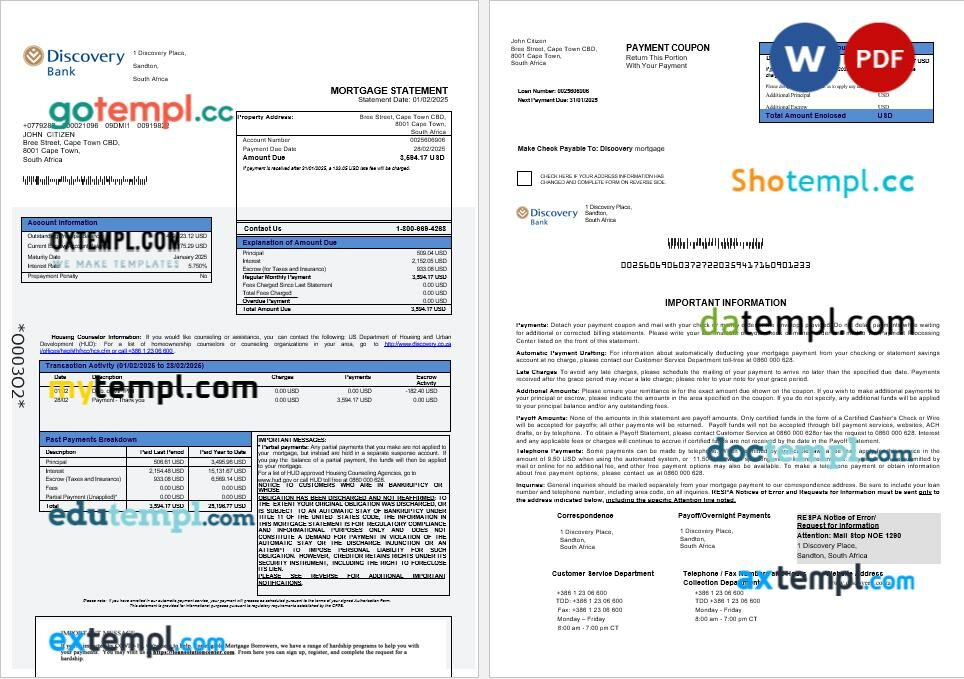 South Africa Discovery bank mortgage statement in Word and PDF formats