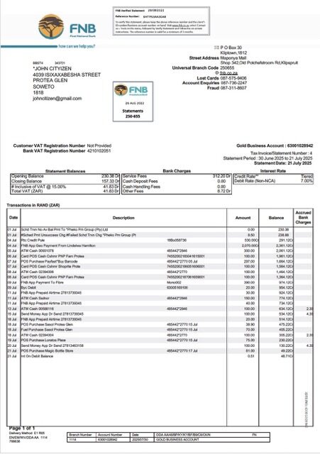 South Africa FNB bank statement Word and PDF template