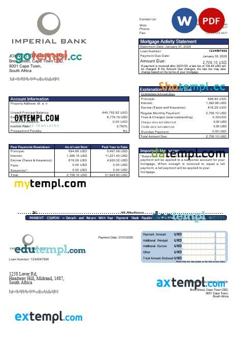 South Africa Imperial bank mortgage statement in Word and PDF formats