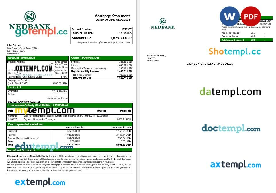 South Africa Nedbank mortgage statement in Word and PDF formats