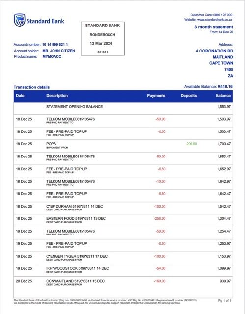 South Africa Standard Bank Rondebosch bank statement Word and PDF template