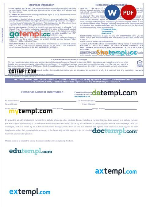 South Africa Standard bank mortgage statement in Word and PDF formats