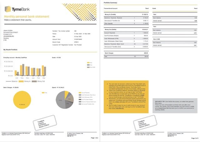 South Africa Tyme Bank account statement Word and PDF template, 2 pages