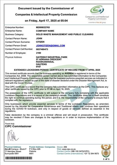 South Africa certificate of company registration Word and PDF template, version 3