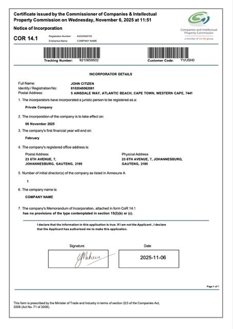 South Africa certificate of incorporation Word and PDF template