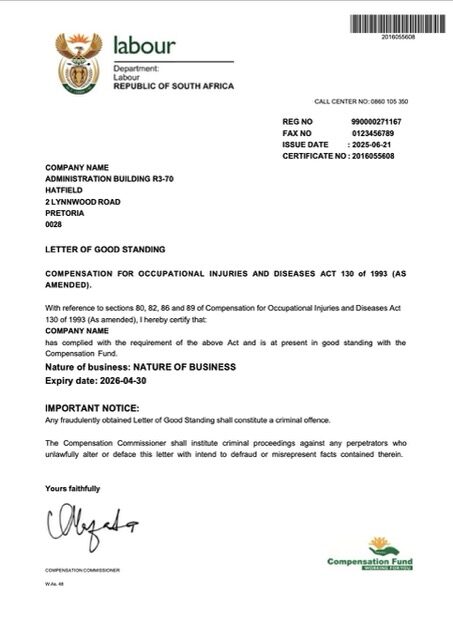 South Africa letter of good standing Word and PDF template