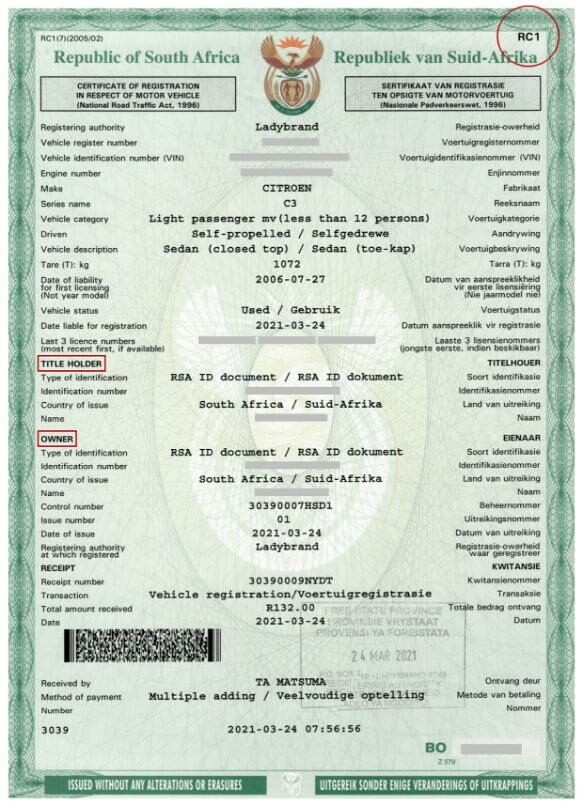 South Africa motor vehicle registration certificate in PSD format