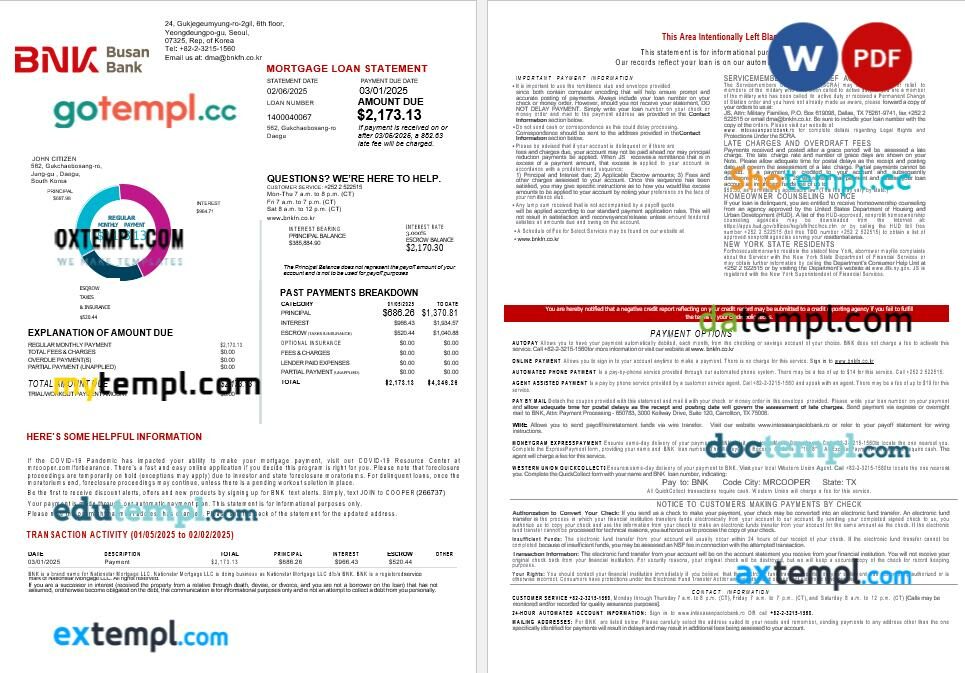 South Korea BNK bank mortgage statement in Word and PDF formats