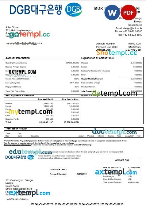 South Korea Daegu bank mortgage statement in Word and PDF formats