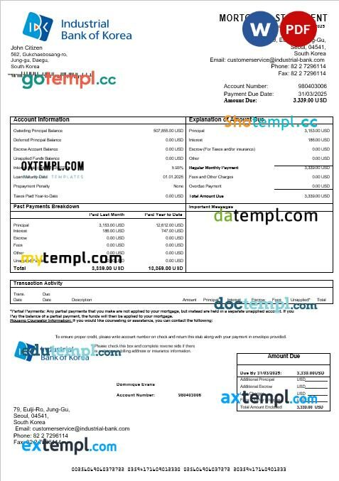 South Korea Industrial bank mortgage statement in Word and PDF formats