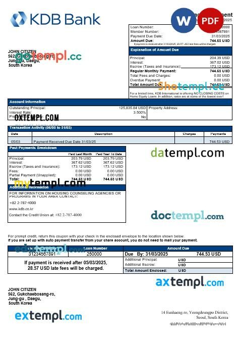 South Korea KDB bank mortgage statement in Word and PDF formats