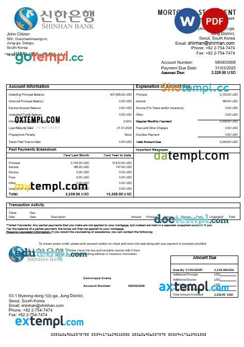 South Korea Shinhan bank mortgage statement in Word and PDF formats