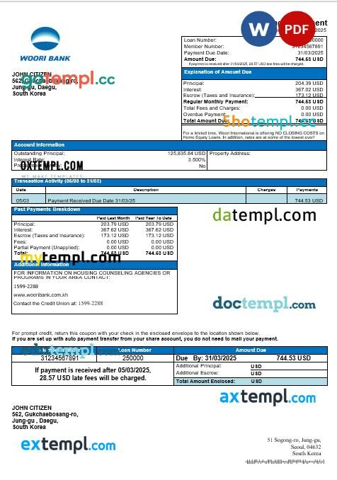 South Korea Woori bank mortgage statement in Word and PDF formats