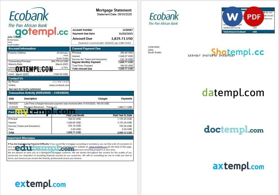 South Sudan Ecobank bank mortgage statement in Word and PDF formats