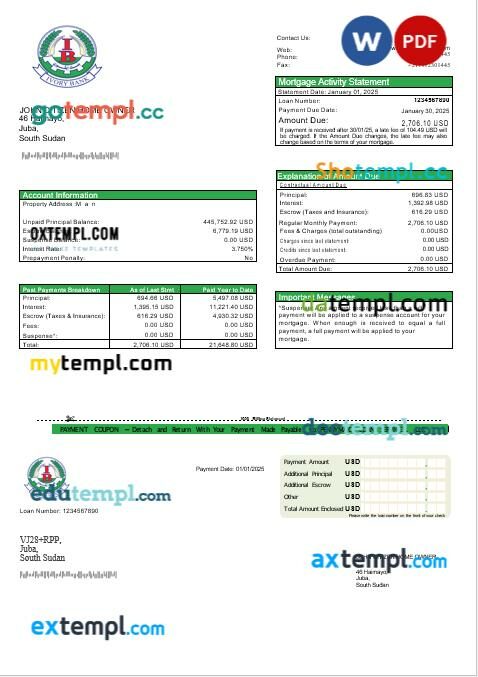 South Sudan Ivory bank mortgage statement in Word and PDF formats