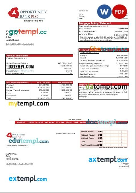 South Sudan Opportunity bank mortgage statement in Word and PDF formats
