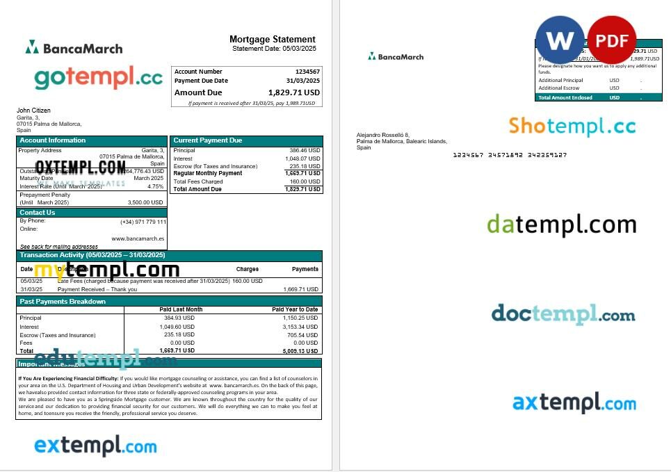 Spain Banca March mortgage statement in Word and PDF formats