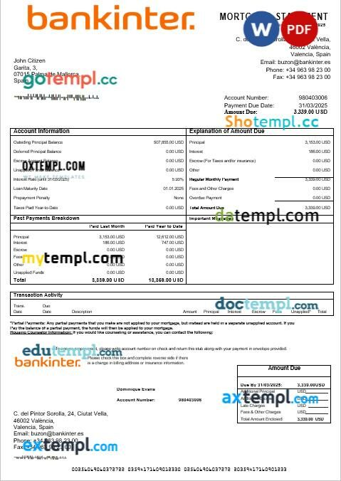 Spain Bankinter bank mortgage statement in Word and PDF formats