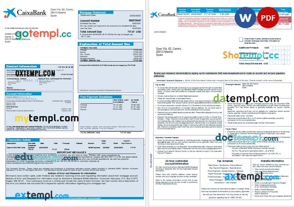 Spain Caixa bank mortgage statement in Word and PDF formats