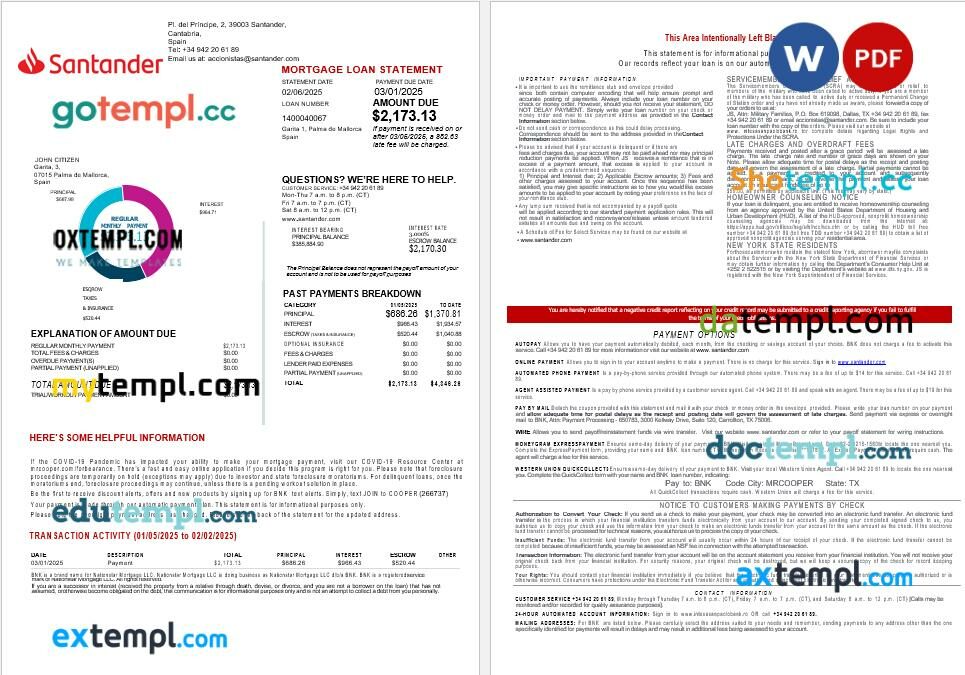 Spain Santander bank mortgage statement in Word and PDF formats