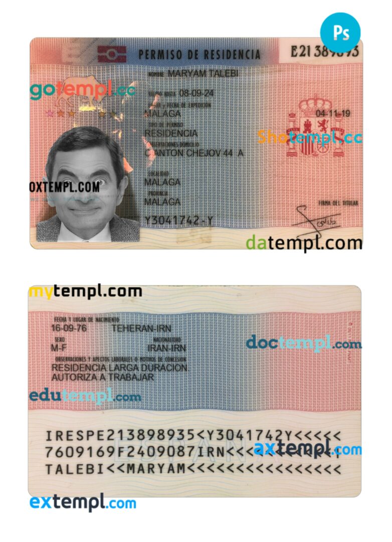 Spain residence permit PSD example, 2019-present