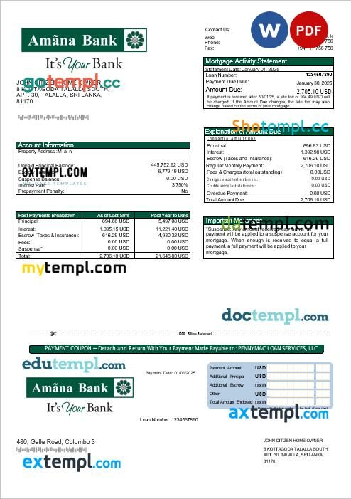 Sri Lanka Amana bank mortgage statement in Word and PDF formats