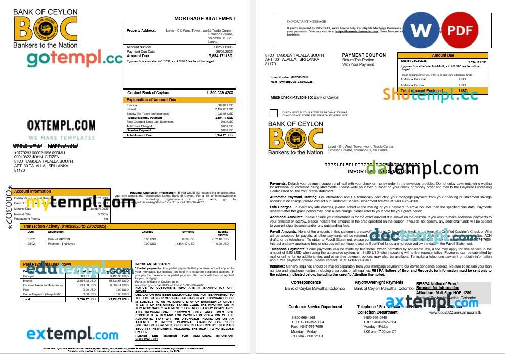 Sri Lanka Bank of Ceylon mortgage statement in Word and PDF formats