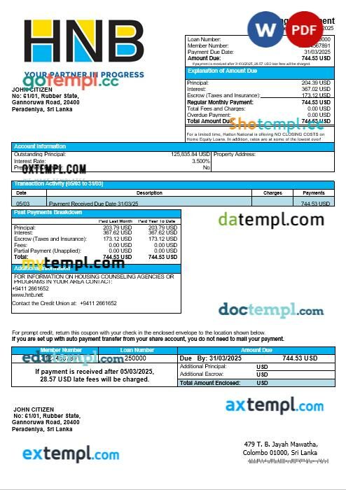 Sri Lanka Hatton National Bank mortgage statement in Word and PDF formats