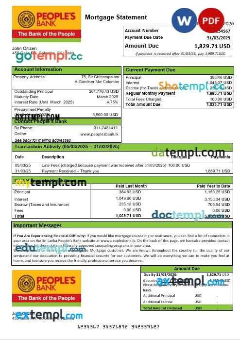 Sri Lanka People’s Bank mortgage statement in Word and PDF formats