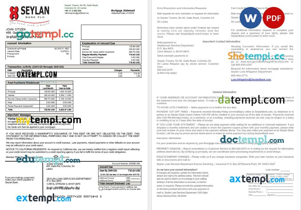 Sri Lanka Seylan Bank mortgage statement in Word and PDF formats, 2 pages