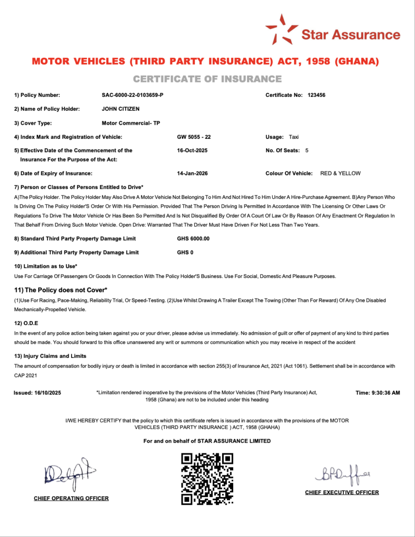 Star Assurance Ghana certificate of insurance Word and PDF template