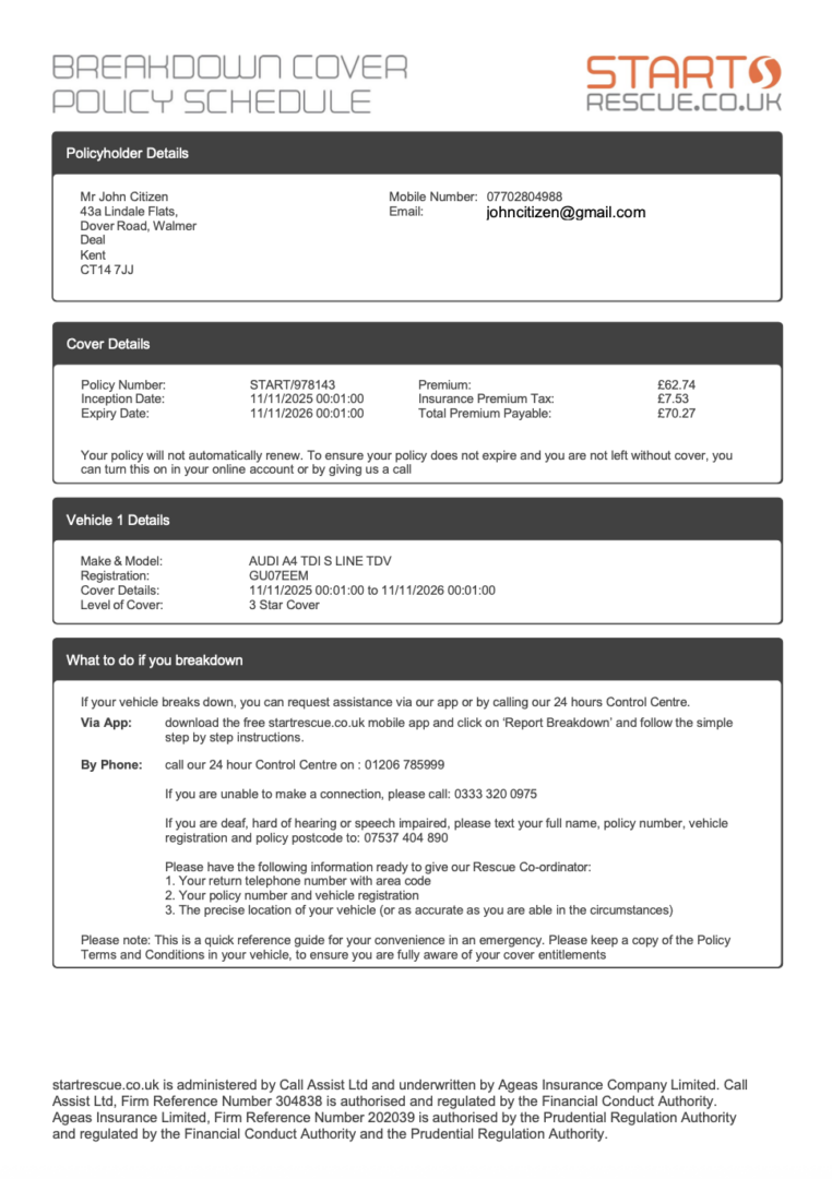 Start Rescue UK breakdown cover policy schedule Word and PDF template
