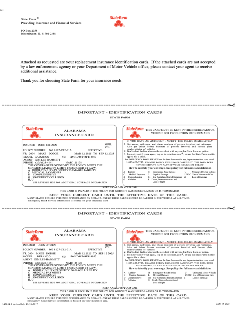 State Farm Alabama insurance card Word and PDF template
